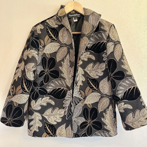 VTG PAINTED PONY USA Women’s Small Open Blazer Jacket Black GoldLeaf